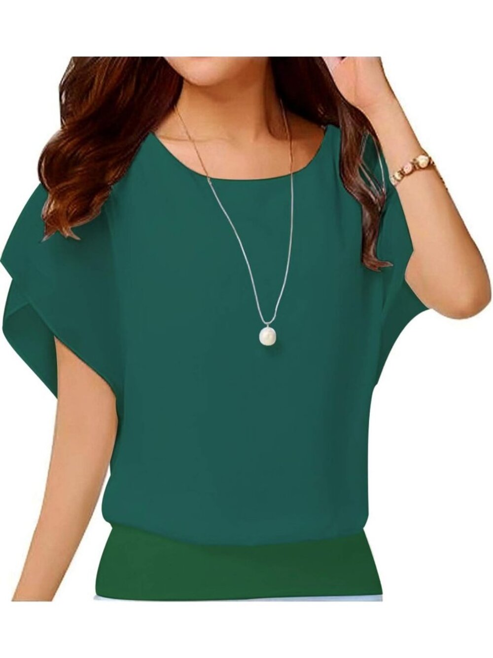 Women's Dark Green Elegant Loose Casual Short Sleeve Chiffon Top T Shirt Blouses